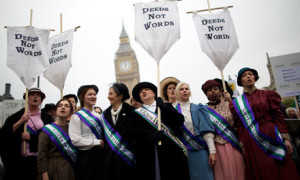Feminist activists dressed as suffragettes protest at Parliament Square for women's rights and equality in London in October 2012. Photograph: Afp/AFP/Getty Images 